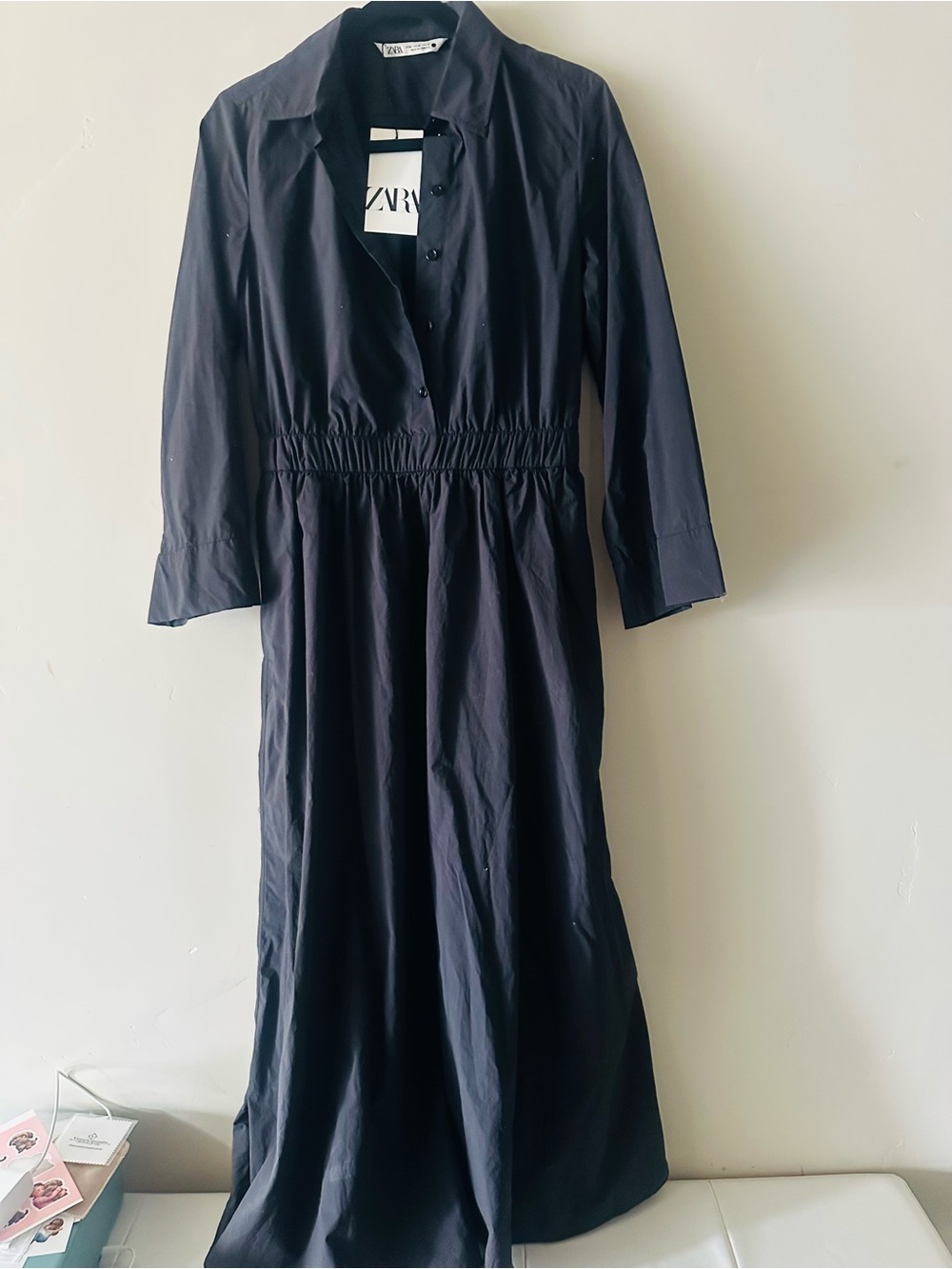 Zara Navy Long Sleeve Maxi Shirtdress